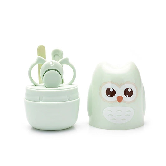 Kit manucure bébé 4-en-1 design hibou — Ciseaux, coupe-ongles, lime & pince, coffret cadeau naissance