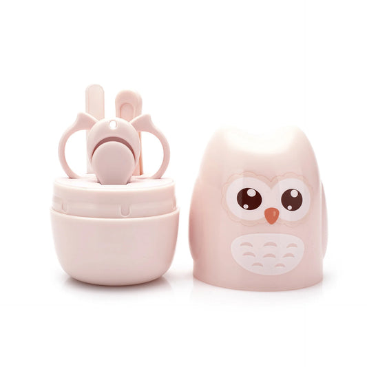Kit manucure bébé 4-en-1 design hibou — Ciseaux, coupe-ongles, lime & pince, coffret cadeau naissance
