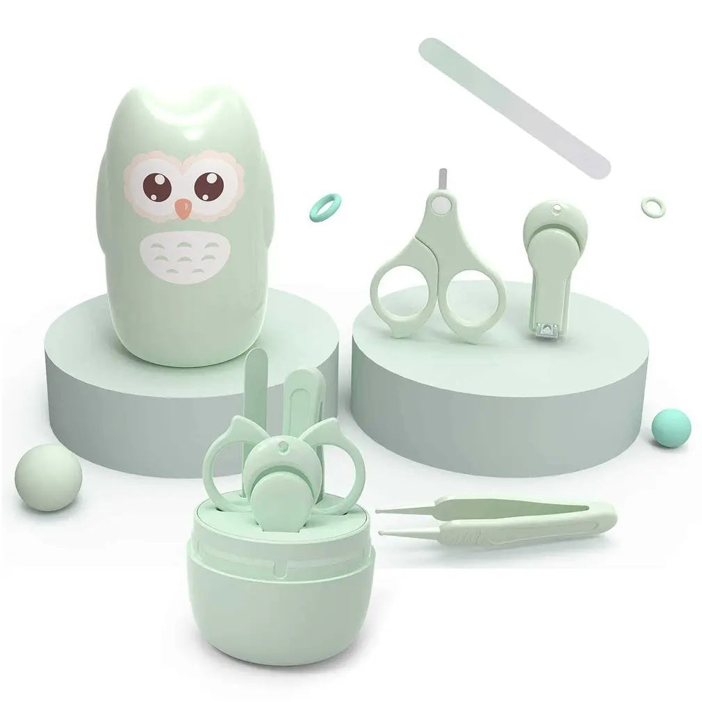 Kit manucure bébé 4-en-1 design hibou — Ciseaux, coupe-ongles, lime & pince, coffret cadeau naissance