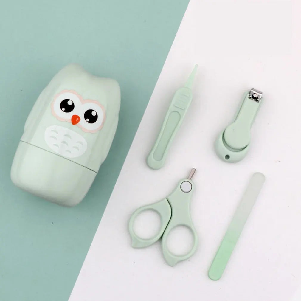 Kit manucure bébé 4-en-1 design hibou — Ciseaux, coupe-ongles, lime & pince, coffret cadeau naissance